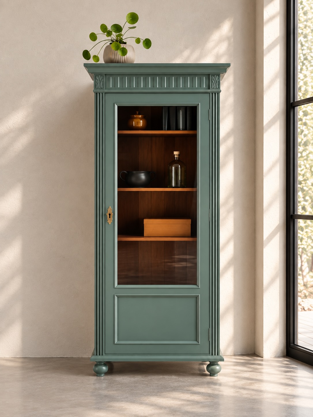 Dänische Vitrine · H 185 cm · B 74 cm · T 30 cm — digitale Darstellung